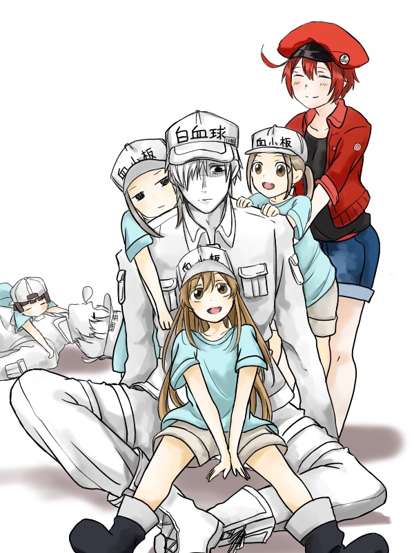 2boys 5girls ae-3803 ahoge backwards_hat between_legs black_footwear black_shirt blue_shirt boots brown_eyes brown_hair closed_eyes hand_between_legs hat hataraku_saibou huge_ahoge jacket long_hair multiple_boys multiple_girls nose_bubble o-i-t-t pants personification platelet_(hataraku_saibou) ponytail red_blood_cell_(hataraku_saibou) red_hair red_hat red_jacket shirt short_hair shorts simple_background sleeping sleeping_on_person translation_request u-1146 u-4989 white_background white_blood_cell_(hataraku_saibou) white_hair white_hat white_pants white_shirt