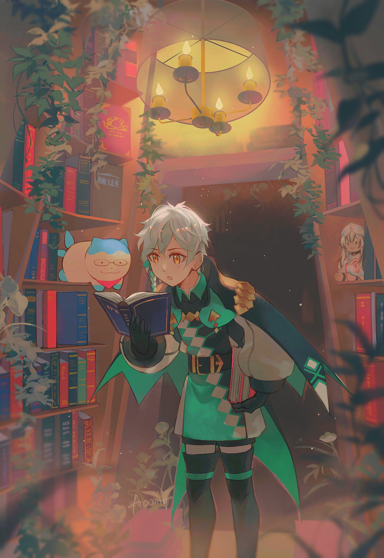 1boy anocurry artist_name belt bespectacled black_gloves blurry blurry_foreground book character_doll clanne_(fire_emblem) commentary english_commentary fire_emblem fire_emblem_engage glasses gloves grey_hair highres holding holding_book indoors leaning_forward library male_focus open_book reading sommie_(fire_emblem) standing veyle_(fire_emblem) yellow_eyes