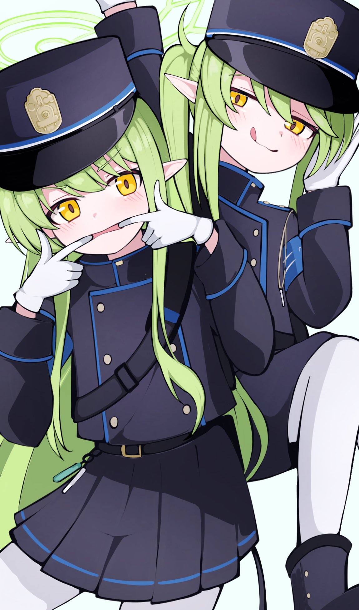 2girls :q arm_up belt black_belt black_hat black_jacket black_skirt blue_archive blush buttons closed_mouth collared_jacket demon_tail double-breasted finger_in_own_mouth green_hair hair_between_eyes halo hand_on_own_cheek hand_on_own_face hat head_tilt highres hikari_(blue_archive) jacket knee_up long_bangs long_sleeves looking_at_viewer miniskirt multiple_girls nozomi_(blue_archive) open_mouth outstretched_arm pantyhose pleated_skirt pointy_ears shako_cap siblings simple_background sisters skirt stretching_cheeks tail tongue tongue_out twins white_background white_pantyhose yellow_eyes yun_(kbdenz9)