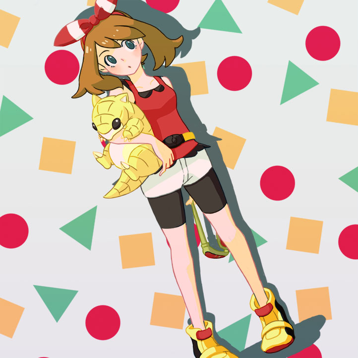 1girl aqua_eyes bike_shorts bow_hairband brown_hair closed_mouth commentary_request hairband head_tilt holding holding_pokemon may_(pokemon) medium_hair pokemon pokemon_(creature) pokemon_oras red_hairband red_shirt sakuramochi0906 sandshrew shirt shoes short_shorts shorts sleeveless sleeveless_shirt standing white_shorts yellow_footwear