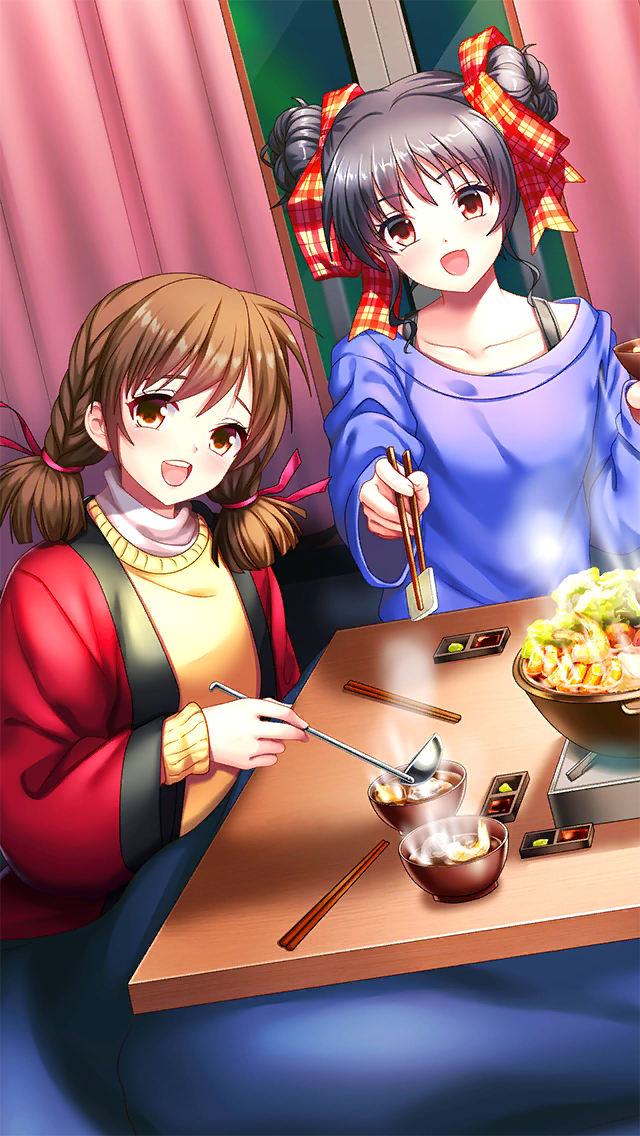 2girls :d blush bow bowl braid brown_eyes brown_hair chopsticks collarbone double_bun doukyuusei_2 doukyuusei_another_world dutch_angle food game_cg grey_hair hair_bow hair_bun hair_ribbon haori head_tilt holding holding_chopsticks holding_food indoors japanese_clothes kotatsu long_hair looking_at_viewer multiple_girls nagashima_kumiko narusawa_yui official_art open_mouth orange_bow plaid plaid_bow purple_sweater red_ribbon ribbon smile sweater table twin_braids upper_body yellow_sweater