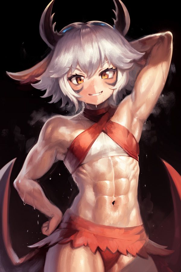 1girl abs arm_up armpits arthropod_girl black_background breasts duel_monster horns muscular muscular_female navel short_hair small_breasts smile sports_bra sweat traptrix_myrmeleo yellow_eyes yilx yu-gi-oh!