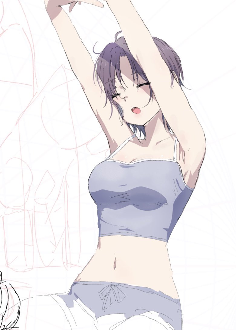 1girl armpits asakura_toru breasts camisole cleavage closed_eyes collarbone commentary_request gradient_hair grey_camisole idolmaster idolmaster_shiny_colors medium_breasts midriff misaki_nonaka multicolored_hair navel open_mouth partially_colored purple_hair short_hair solo stretching teeth unfinished upper_teeth_only