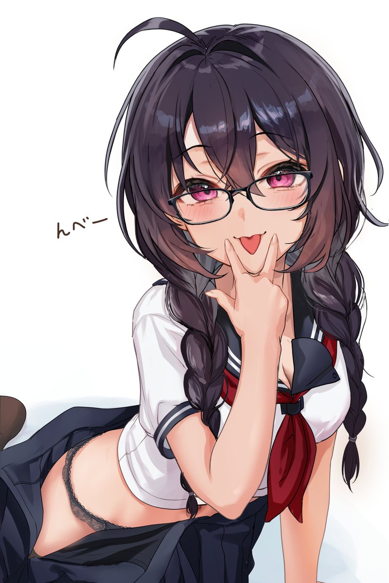 1girl ahoge black-framed_eyewear black_hair black_panties blush braid breasts glasses hair_between_eyes highres leaning_forward long_hair looking_at_viewer medium_breasts open_clothes open_skirt original panties pleated_skirt red_eyes school_uniform serafuku skirt solo tongue tongue_out twin_braids underwear undressing white_hair yufou