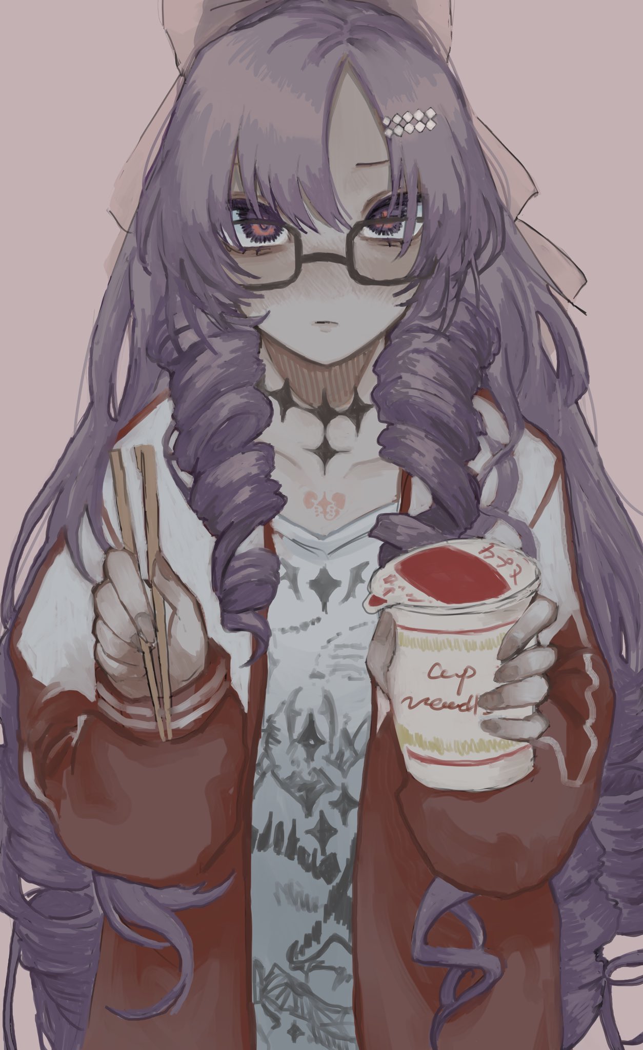 chopsticks cup cup_ramen drill_hair glasses highres holding holding_chopsticks holding_cup jacket long_hair multicolored_clothes multicolored_jacket pink_background purple_hair red_jacket shirt swallowx000 twin_drills two-tone_jacket very_long_hair white_shirt