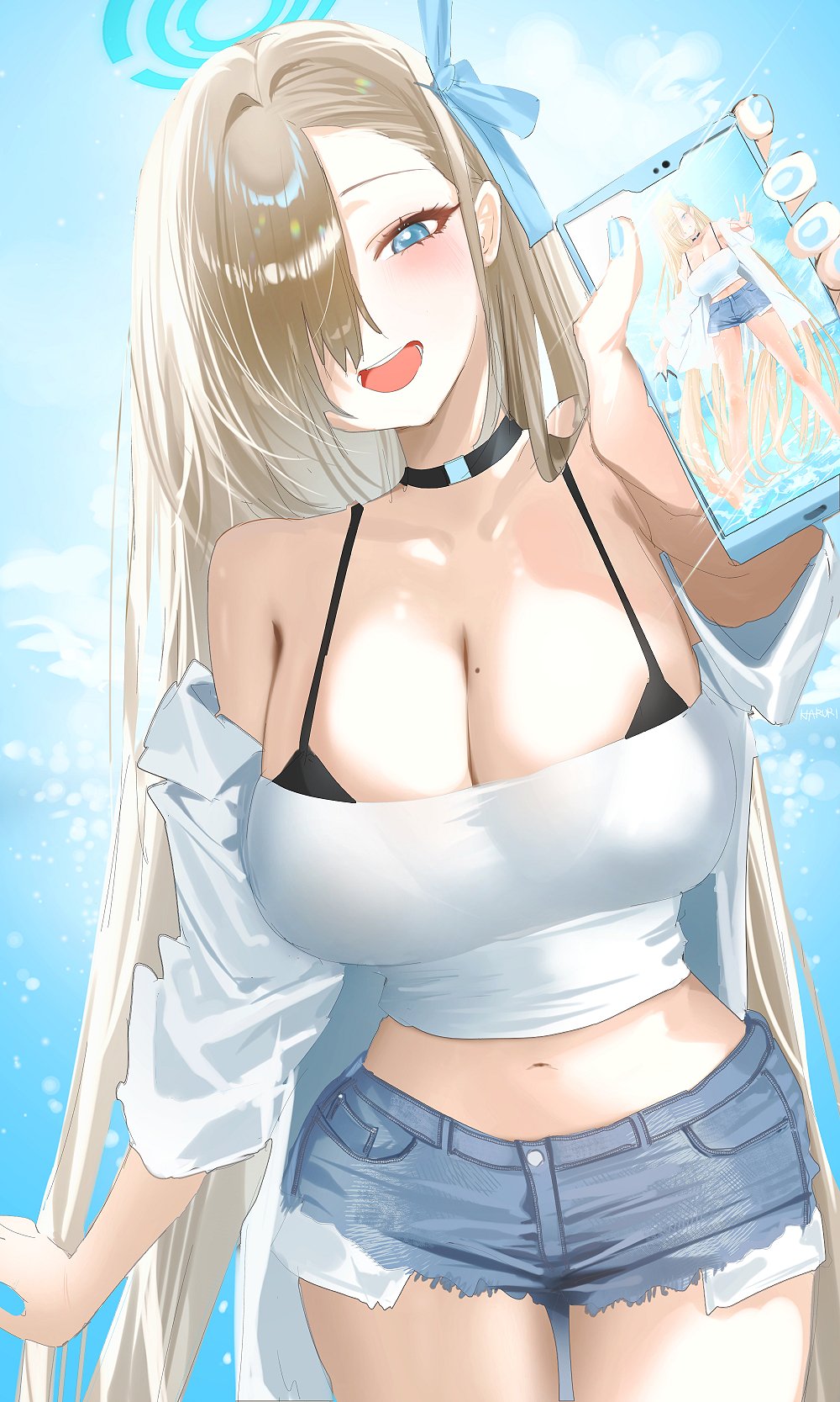 1girl :d asuna_(blue_archive) bare_shoulders black_choker blue_archive blue_eyes blush bra_strap breasts cellphone choker cleavage commentary cowboy_shot cutoffs denim denim_shorts grey_hair hair_over_one_eye haruri highres holding holding_phone large_breasts long_hair looking_at_viewer midriff navel off_shoulder open_clothes open_mouth open_shirt phone shirt short_shorts shorts smartphone smile solo standing stomach strapless tube_top very_long_hair white_shirt