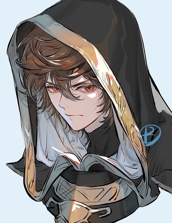 1boy armor brown_hair close-up granblue_fantasy hood looking_at_viewer male_focus messy_hair red_eyes sandalphon_(granblue_fantasy) solo_focus suzuki_rika v-shaped_eyebrows