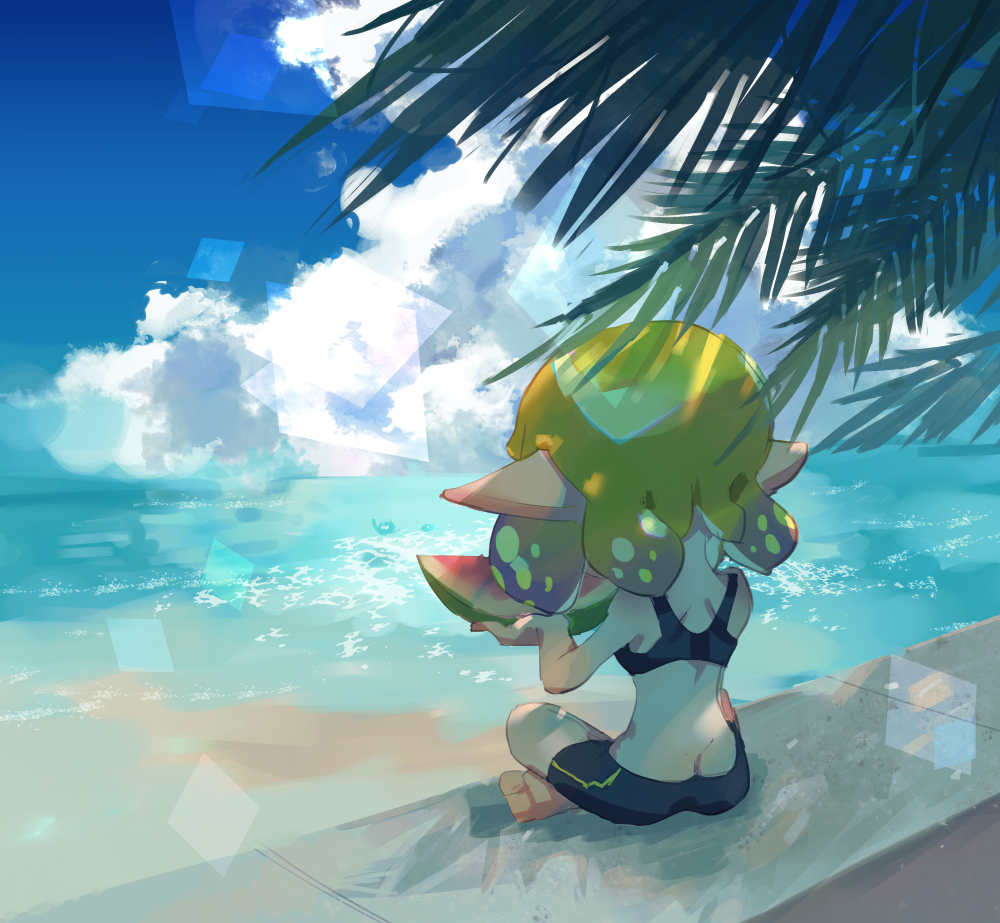 1girl bare_arms bare_shoulders barefoot beach black_shorts black_sports_bra blonde_hair blue_sky butt_crack cloud day food from_behind fruit gradient_hair holding holding_food holding_fruit holding_watermelon indian_style inkling inkling_girl inkling_player_character koike3582 multicolored_hair ocean outdoors pointy_ears purple_hair short_hair shorts single_vertical_stripe sitting sky solo sports_bra tentacle_hair two-tone_hair water watermelon