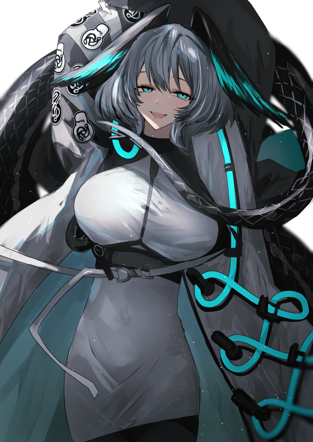 1girl :d aqua_eyes arknights arms_up breasts coat cowboy_shot dress facing_viewer grey_hair hair_between_eyes head_wings highres ho'olheyak_(arknights) iwashi_80 long_sleeves medium_hair open_clothes open_mouth sideways_glance simple_background smile snake_tail solo tail teeth upper_teeth_only white_background white_dress wings