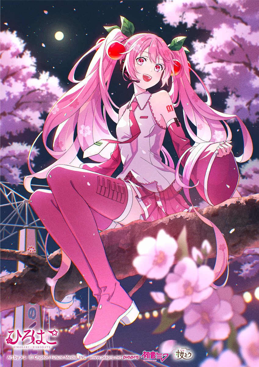 1girl :d blurry boots branch cherry_blossoms cherry_hair_ornament collared_shirt copyright_name crypton_future_media depth_of_field detached_sleeves food-themed_hair_ornament full_body full_moon hair_ornament hatsune_miku headset highres logo moon necktie night number_tattoo official_art open_mouth pink_eyes pink_footwear pink_hair pink_necktie pink_petals pink_skirt pink_sleeves pleated_skirt sakura_miku second-party_source shirt sign sitting skirt sleeveless sleeveless_shirt smile solo tattoo teeth thigh_boots tongue upper_teeth_only vocaloid white_shirt