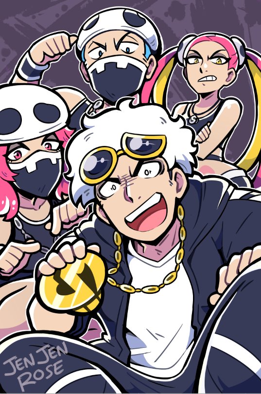 2boys 2girls artist_name bare_arms bare_shoulders black_jacket black_mask black_pants black_sleeves black_tank_top black_wristband blonde_hair blue_hair chain chain_necklace clenched_teeth commentary cowboy_shot crossed_arms english_commentary eyelashes eyewear_on_head gold_chain guzma_(pokemon) hairpods hand_on_knees hand_up holding holding_jewelry holding_necklace hood hood_down hooded_jacket jacket jen-jen_rose jewelry long_sleeves mask medium_hair mouth_mask multicolored_hair multiple_boys multiple_girls necklace novelty_glasses open_clothes open_jacket open_mouth outline pants pink_eyes pink_hair plumeria_(pokemon) pointing pokemon pokemon_sm purple_background shirt short_hair simple_background skull-shaped_hat skull_necklace sleeves_past_elbows smile squatting sunglasses tank_top team_skull team_skull_grunt teeth thick_eyebrows twintails two-tone_hair upper_body upper_teeth_only v-shaped_eyebrows white_hair white_hat white_outline white_shirt wide-eyed yellow-framed_eyewear yellow_eyes