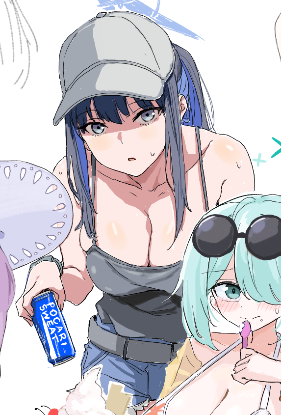 2girls aqua_eyes aqua_hair bare_shoulders baseball_cap belt black_hair blue_archive blue_eyes blue_hair blush breasts can clearite cleavage eyewear_on_head hair_over_one_eye halo hat hiyori_(blue_archive) hiyori_(swimsuit)_(blue_archive) long_hair looking_at_viewer multiple_girls open_mouth pocari_sweat saori_(blue_archive) shorts sunglasses sweat