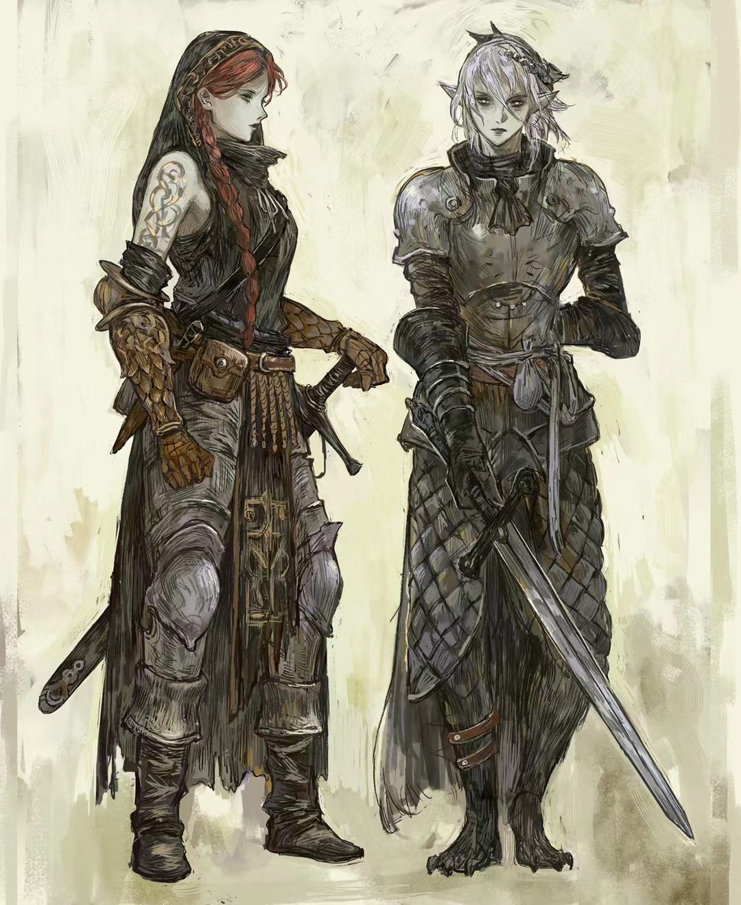 2girls armor boots braid elf full_body gloves highres holding holding_sword holding_weapon hood jingliang_j leg_armor loincloth medieval multiple_girls orange_hair original pointy_ears shoulder_armor standing sword weapon white_hair