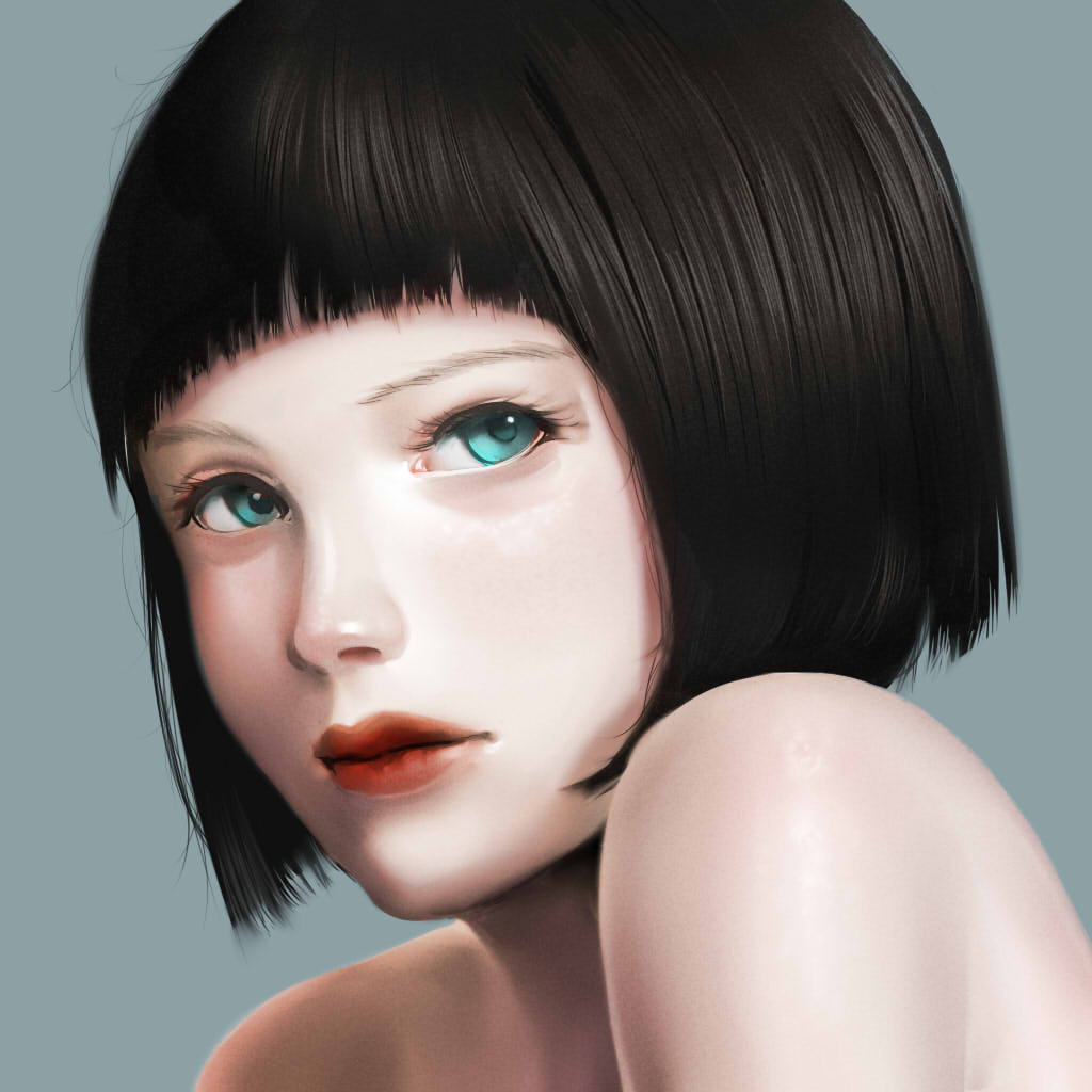 1girl black_hair blue_eyes chromatic_aberration commentary_request grey_background kuro_kosyou looking_at_viewer nude original portrait red_lips short_hair simple_background solo