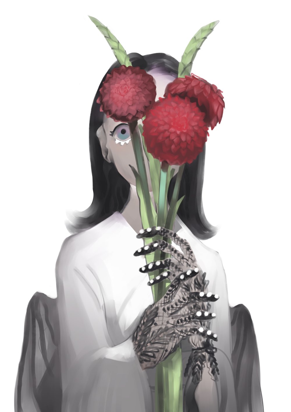 1girl bird_girl black_hair blue_eyes covered_mouth flower flower_request grey_wings hand_tattoo hands_up highres holding holding_flower large_hands long_sleeves looking_to_the_side looking_up medium_hair multicolored_eyes one_eye_covered original parted_bangs pink_eyes red_flower scales shirt simple_background solo tattoo tears ue_toono_(atano) upper_body white_background white_shirt wide_sleeves wings