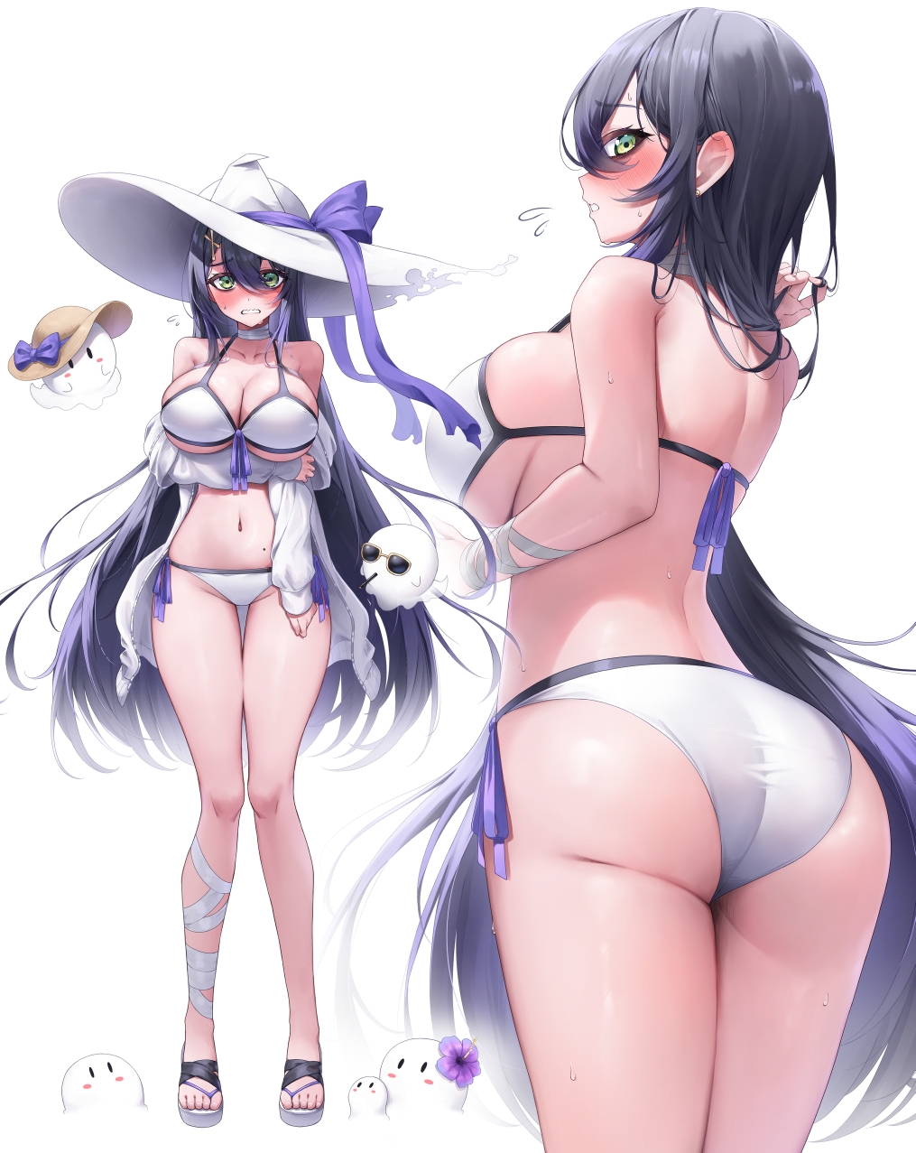 1girl ass back bandaged_leg bandaged_wrist bandages bare_shoulders bikini black_hair blush breasts cleavage commentary flying_sweatdrops from_behind hat hat_ribbon highres holding_own_arm jacket large_breasts long_hair looking_at_viewer morros multiple_views navel off_shoulder open_clothes open_jacket original ribbon sandals side-tie_bikini_bottom sideboob simple_background sunglasses swimsuit torn_clothes torn_hat underboob white_background white_bikini white_hat white_jacket