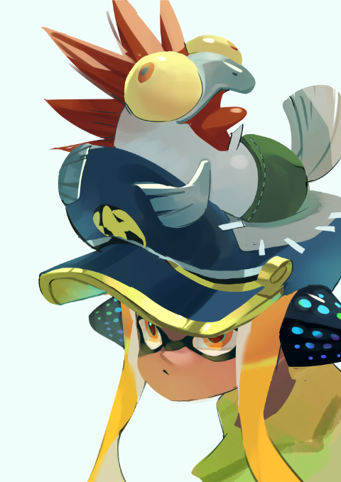 1girl :/ agent_3_(splatoon) blue_hat closed_mouth dark-skinned_female dark_skin hat headgear inkling inkling_girl inkling_player_character koike3582 long_hair on_head orange_eyes orange_hair peaked_cap salmonid simple_background smallfry_(splatoon) splatoon_(series) splatoon_3 tentacle_hair white_background