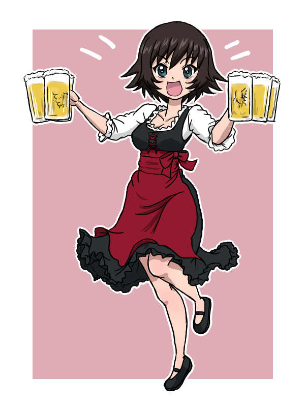 1girl :d alcohol beer beer_mug blue_eyes border breasts brown_hair cleavage commentary cup dirndl german_clothes girls_und_panzer hida_ema holding holding_cup mug short_hair simple_background smile solo standing standing_on_one_leg takahashi_kurage white_border