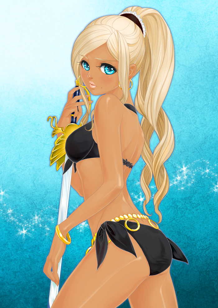 1girl anlucea bangle bare_shoulders bikini black_bikini blonde_hair blue_eyes bracelet breasts closed_mouth commentary_request cowboy_shot dark-skinned_female dark_skin dragon_quest dragon_quest_x earrings from_side front-tie_bikini_top front-tie_top gyaru halterneck high_ponytail holding holding_sword holding_weapon hoop_earrings jewelry kosuga_kumi light_blush lips long_hair looking_at_viewer looking_to_the_side medium_breasts mole mole_under_mouth pink_lips side-tie_bikini_bottom solo sparkle stomach swept_bangs swimsuit sword tan weapon