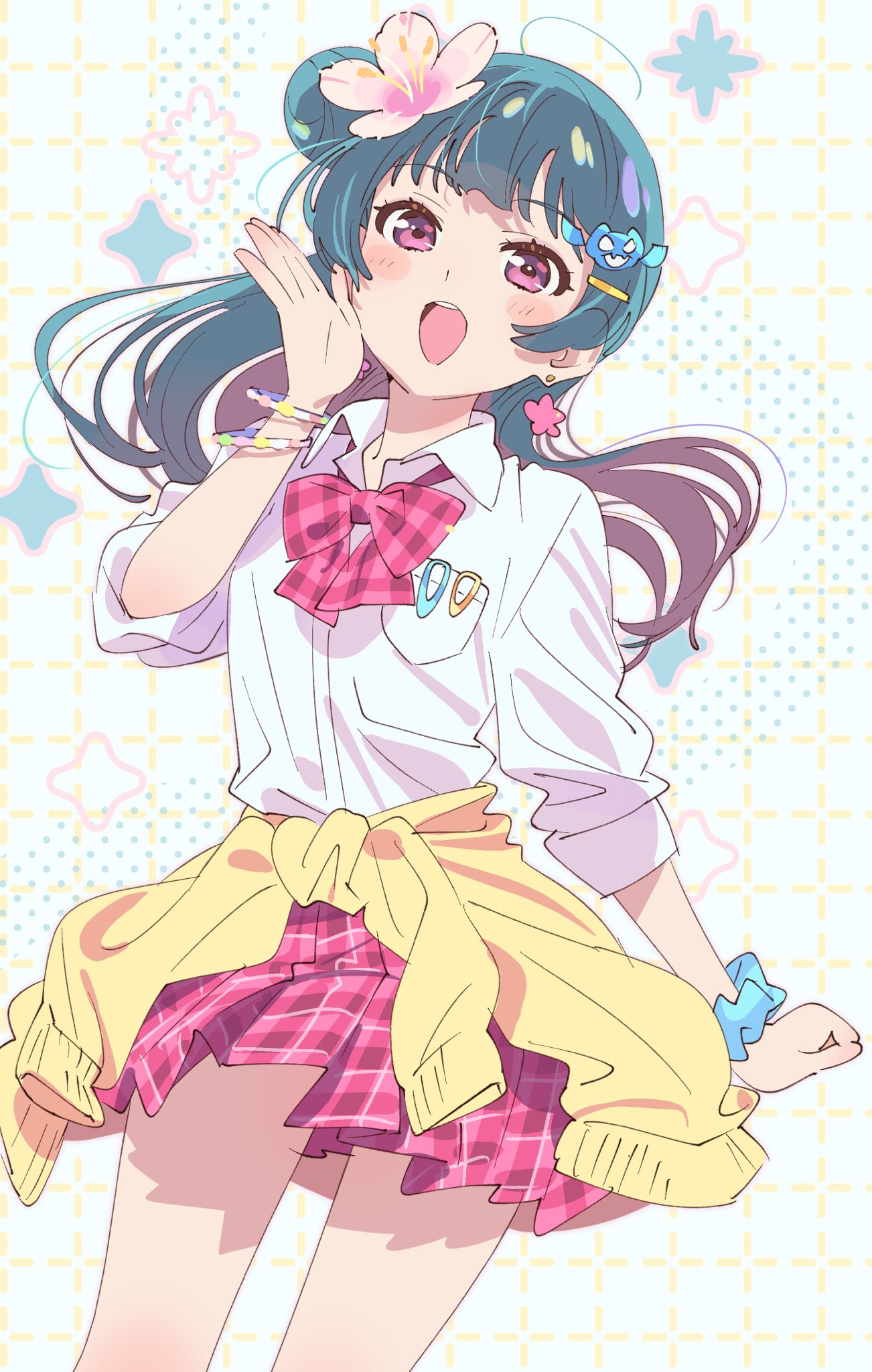 1girl :d blue_hair blue_scrunchie blush bow bowtie breast_pocket clothes_around_waist collared_shirt cowboy_shot dress_shirt earrings floating_hair flower hair_bun hair_flower hair_ornament hairclip highres jewelry love_live! love_live!_sunshine!! miniskirt pink_flower plaid plaid_bow plaid_bowtie plaid_skirt pleated_skirt pocket red_bow red_bowtie red_eyes red_skirt scrunchie shirt short_hair skirt smile solo standing sweater sweater_around_waist tokira_nozumi tsushima_yoshiko white_shirt wing_collar wrist_scrunchie yellow_sweater