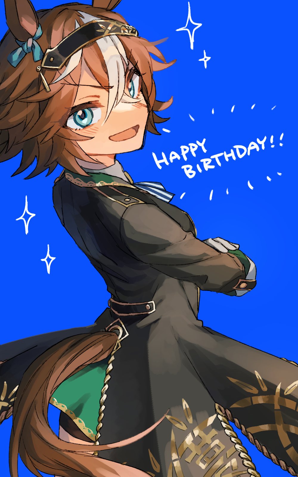 1girl animal_ears bamboo_memory_(umamusume) black_coat blue_background blue_eyes blue_shirt blush bow brown_hair coat cowboy_shot crossed_arms ear_bow gloves green_shirt hair_ornament happy_birthday highres horse_ears horse_girl horse_tail long_hair looking_at_viewer looking_to_the_side mmmenrui multicolored_hair open_mouth shirt short_hair simple_background smile solo sparkle streaked_hair tail umamusume v-shaped_eyebrows white_gloves