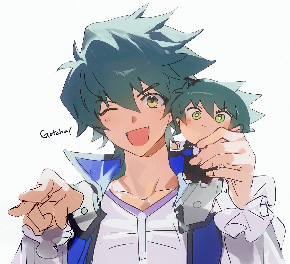 1boy blush character_doll cocaduel duel_academy_uniform_(yu-gi-oh!_gx) english_text green_eyes green_hair hair_between_eyes happy holding holding_stuffed_toy jacket johan_andersen long_sleeves looking_at_viewer male_focus one_eye_closed open_mouth pointing pointing_at_viewer school_uniform shirt short_hair smile stuffed_toy white_background yellow_eyes yu-gi-oh! yu-gi-oh!_gx