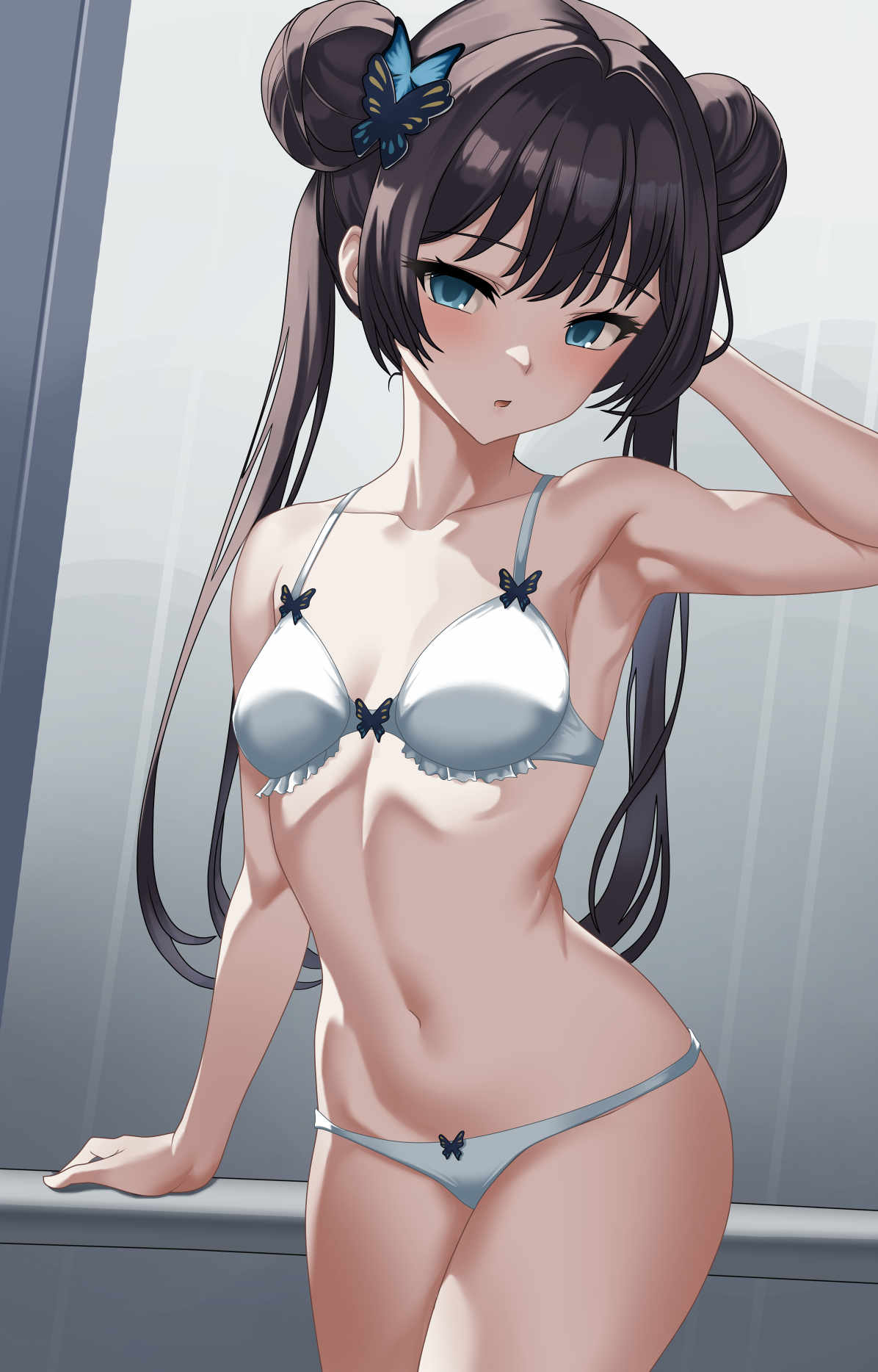 1girl armpits black_hair blue_archive blue_eyes bra breasts butterfly_hair_ornament double_bun hair_bun hair_ornament highres indy_k kisaki_(blue_archive) long_hair looking_at_viewer navel panties small_breasts solo standing twintails underwear underwear_only white_bra white_panties