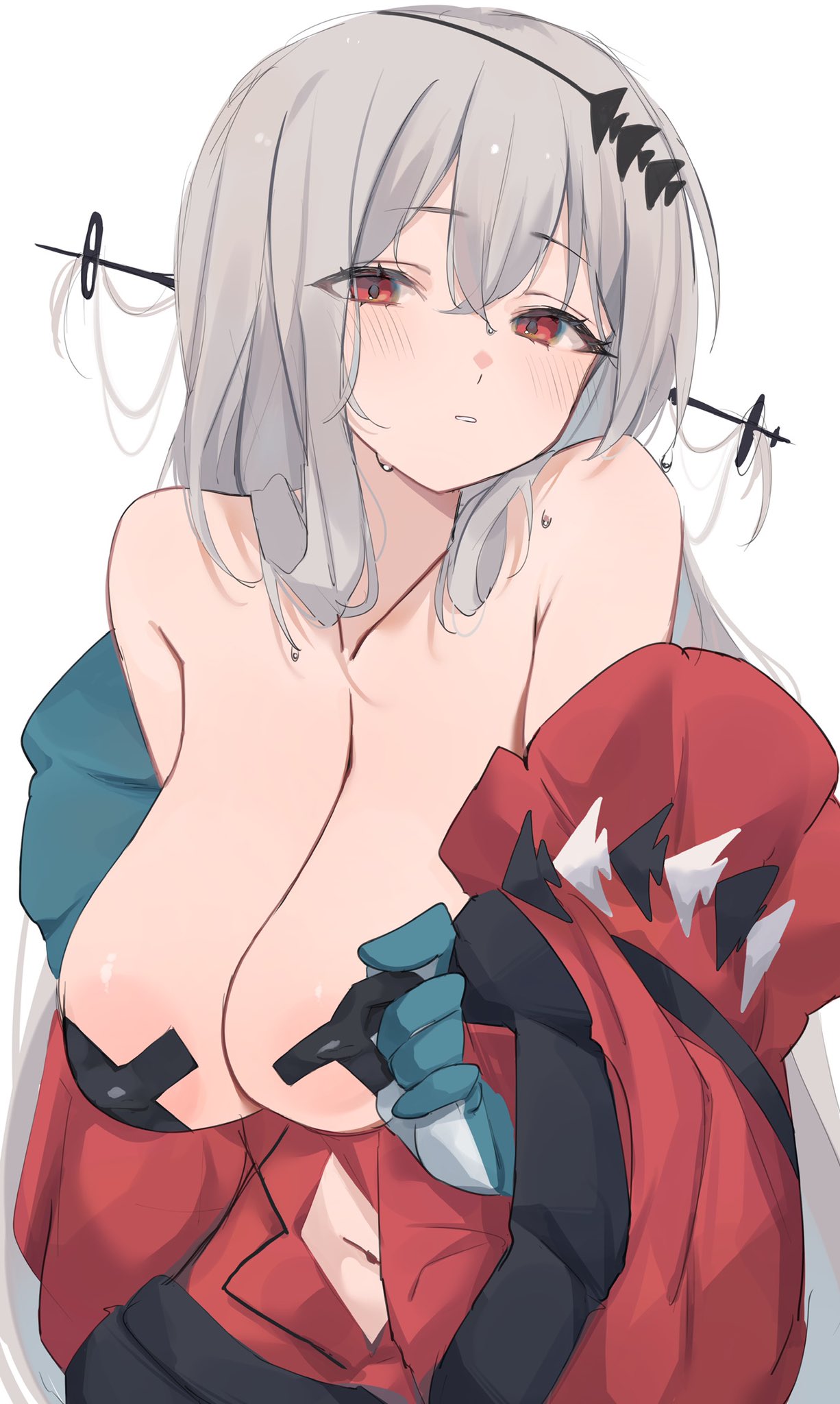 1girl areola_slip arknights bare_shoulders black_pasties breasts chunta clothing_cutout commentary_request cross_pasties dress grey_hair highres large_breasts long_hair looking_at_viewer navel navel_cutout pasties phoenix_crown red_dress red_eyes simple_background skadi_(arknights) skadi_the_corrupting_heart_(arknights) solo sweat upper_body white_background