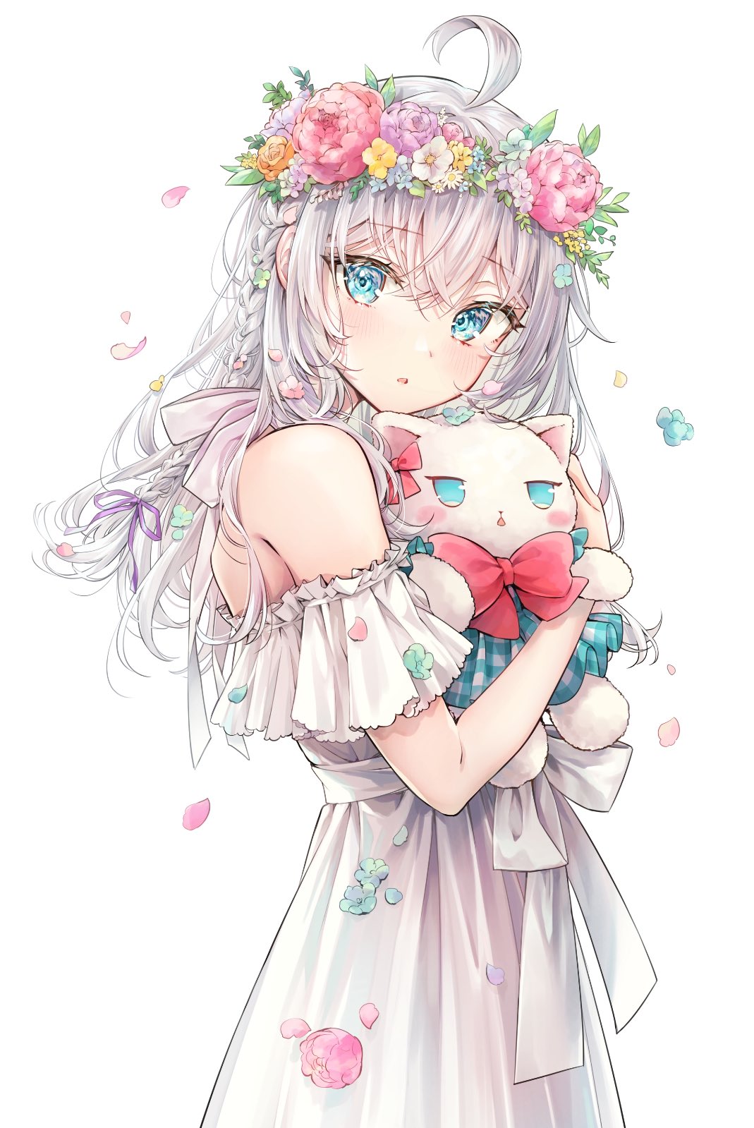 1girl ahoge alisa_mikhailovna_kujou bare_shoulders blue_hair blush bow bowtie braid cover cover_page dress frilled_dress frills hair_between_eyes hair_ribbon hair_tie head_tilt head_wreath highres holding holding_stuffed_toy hugging_object long_hair looking_at_viewer manga_cover official_art parted_lips pink_bow pink_bowtie purple_ribbon ribbon simple_background solo stuffed_animal stuffed_cat stuffed_toy tenacitysaho textless_version tokidoki_bosotto_roshia-go_de_dereru_tonari_no_arya-san white_background white_dress white_hair