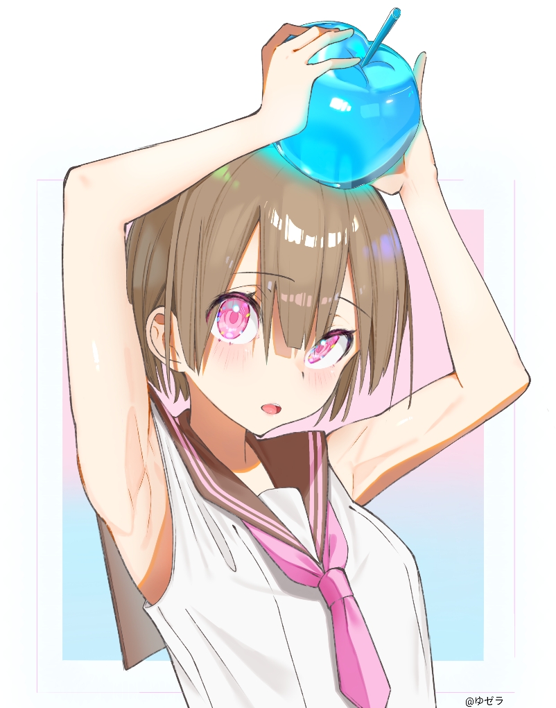 1girl apple armpits arms_up blue_apple brown_hair food fruit neckerchief original pink_eyes pink_neckerchief school_uniform serafuku short_hair sleeveless yzr777777