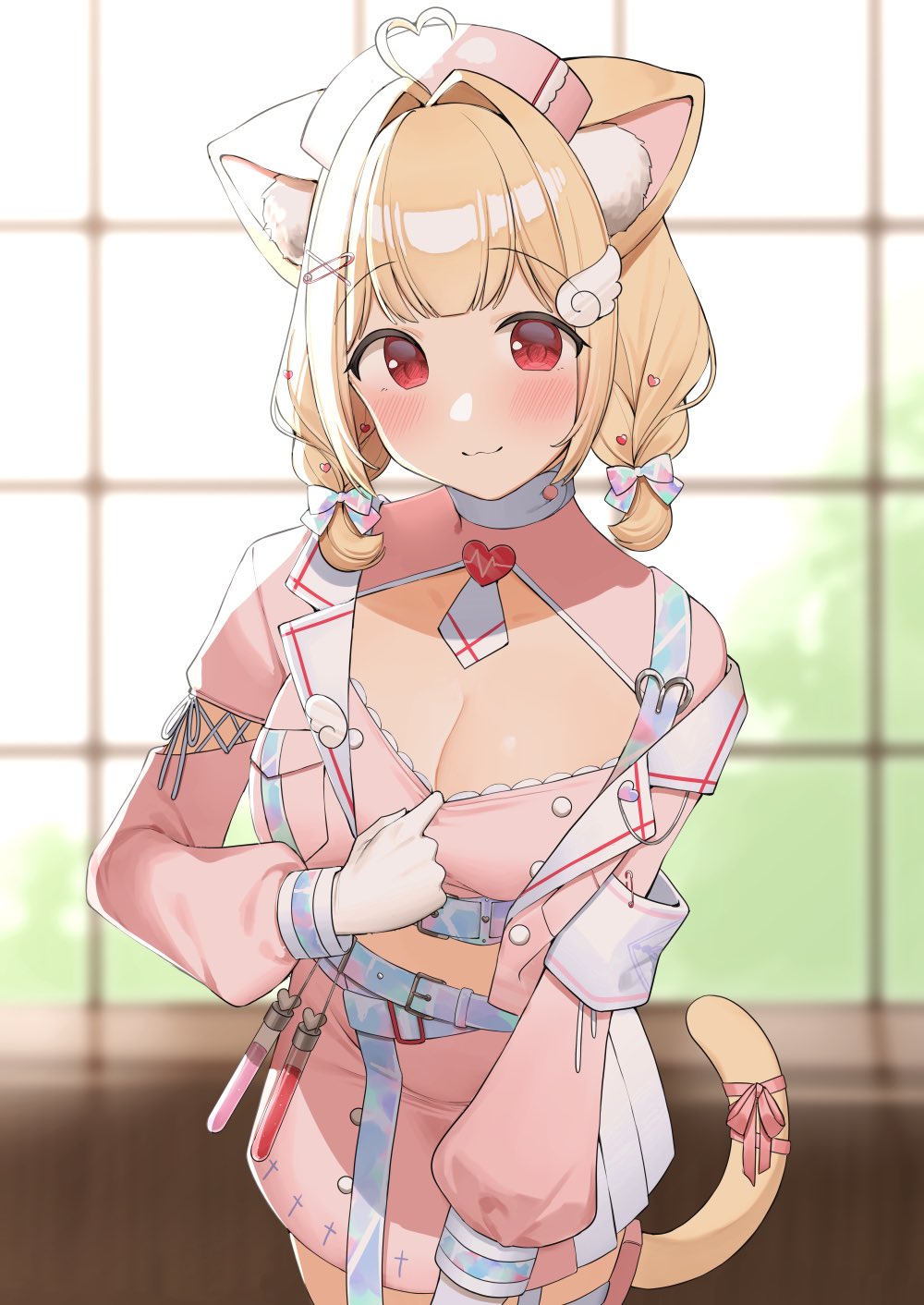 1girl :3 ahoge animal_ears armband blonde_hair blurry blurry_background blush bow braid breasts cat_ears cat_girl cat_tail cleavage cleavage_cutout closed_mouth clothes_pull clothing_cutout crop_top gloves hair_bow hair_ornament hat heart heart_ahoge highres jacket kemomimi_refle! large_breasts long_sleeves looking_at_viewer low_twin_braids nekoma_karin nurse_cap ol_mahonanoka open_clothes open_jacket pink_jacket pink_ribbon pink_shirt pink_skirt pulled_by_self red_eyes ribbon shirt shirt_pull short_hair skirt solo tail tail_ornament tail_ribbon test_tube twin_braids virtual_youtuber white_armband white_gloves white_skirt wing_hair_ornament x_hair_ornament