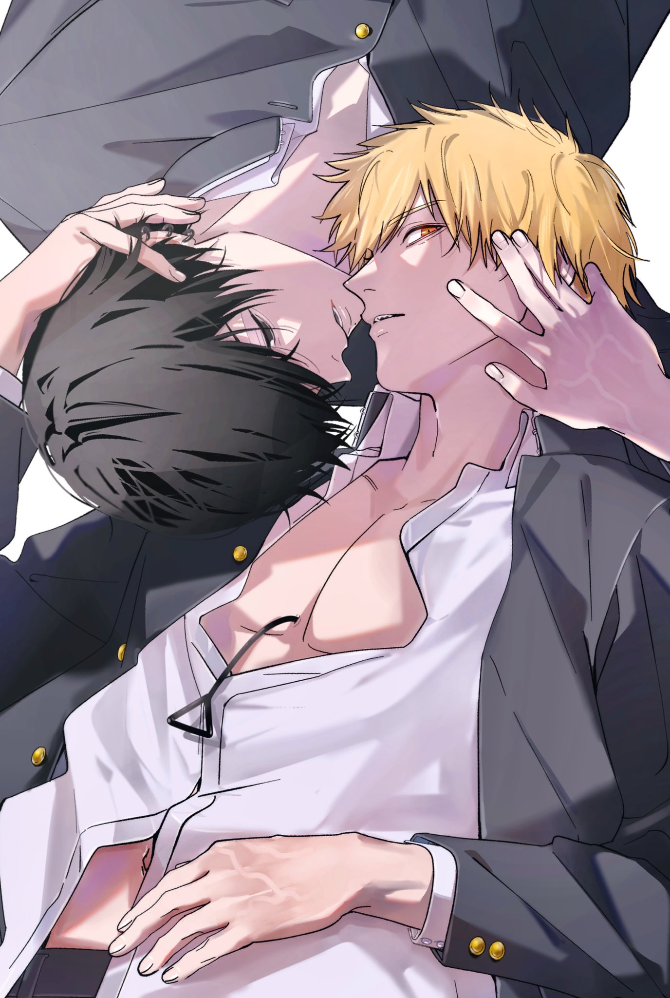 2boys black_eyes black_hair black_jacket blonde_hair buttons chainsaw_man collared_shirt denji_(chainsaw_man) hand_on_another's_head highres imminent_kiss jacket looking_at_viewer male_focus multiple_boys open_mouth orange_eyes pectoral_cleavage pectorals shirt short_hair simple_background siraco_(sira5_3) teeth upper_body white_background white_shirt yaoi yoshida_hirofumi