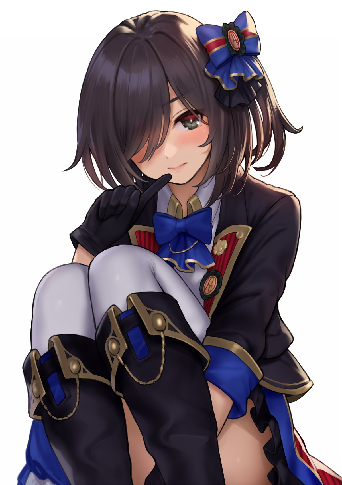 1girl arm_behind_leg black_footwear black_gloves black_jacket blue_bow blue_bowtie blush boots bow bowtie brown_hair closed_mouth collared_shirt commentary feet_out_of_frame female_prince_(sennen_sensou_aigis) finger_to_mouth fold-over_boots gloves grey_eyes hair_bow hair_over_one_eye highres hiyashiru idol jacket knee_boots knees_up legs long_sleeves looking_at_viewer medium_hair miniskirt one_eye_covered one_side_up sennen_sensou_aigis shirt simple_background sitting skirt solo thighhighs v-shaped_eyebrows white_background white_shirt white_thighhighs