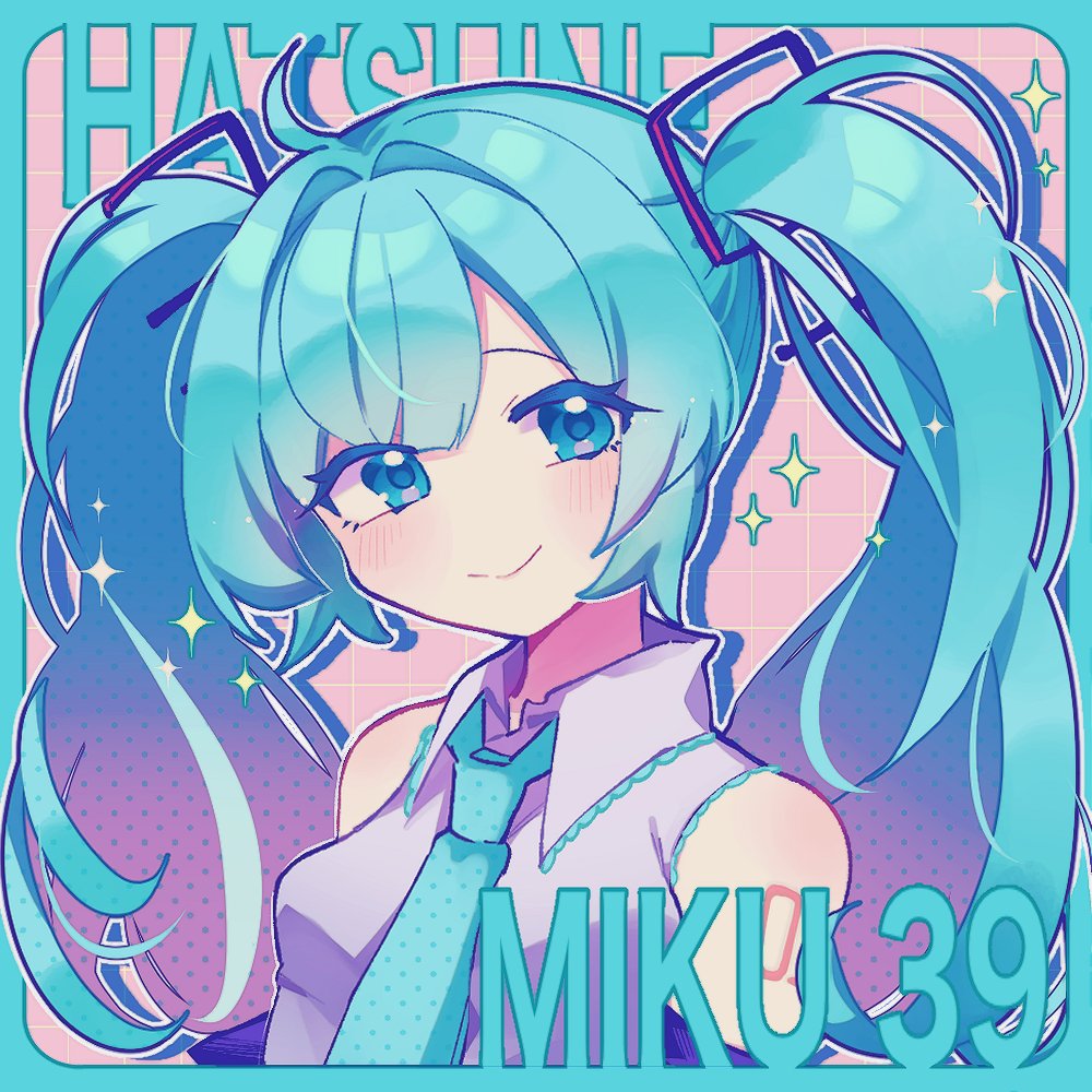 1girl 39 ahoge aqua_eyes aqua_hair aqua_necktie black_sleeves blue_hair blush breasts character_name closed_mouth collared_shirt colored_inner_hair gradient_hair grey_shirt grid hair_intakes hair_ornament hatsune_miku looking_at_viewer miku_day multicolored_hair necktie nise_dorothia no_nose number_tattoo purple_hair shirt sleeveless sleeveless_shirt smile solo sparkle tattoo twintails vocaloid