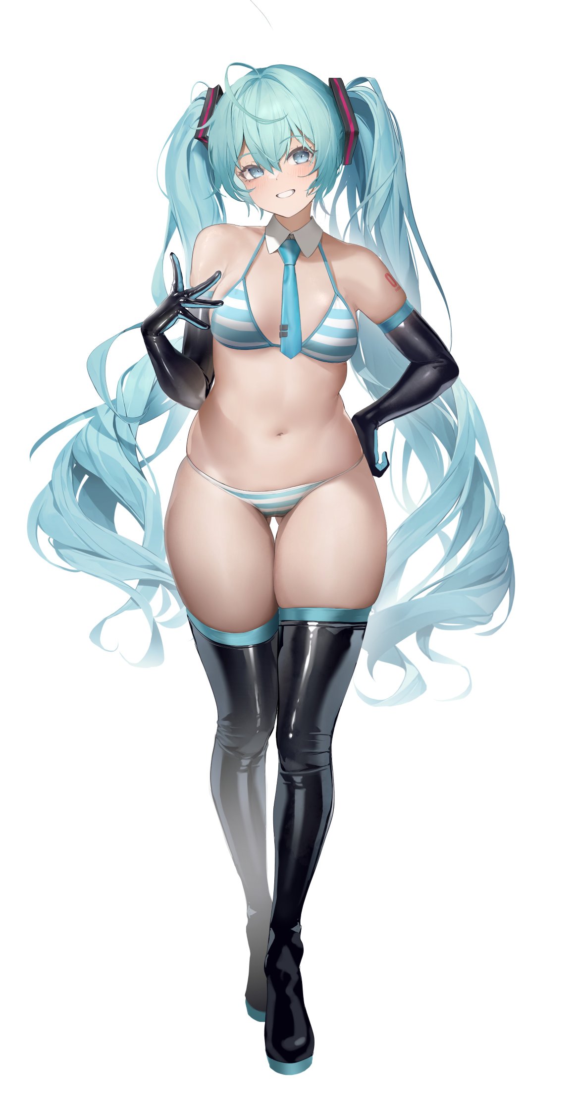 1girl ahoge aqua_hair ass_visible_through_thighs bare_shoulders bikini black_footwear black_gloves blue_eyes blue_necktie boots breasts detached_collar elbow_gloves gloves grin hair_between_eyes hair_ornament hand_on_own_hip hand_up hatsune_miku highres light_blush long_hair looking_at_viewer medium_breasts navel necktie nine_(kanine41) number_tattoo short_necktie shoulder_tattoo simple_background skindentation smile solo standing stomach string_bikini striped_bikini striped_clothes swimsuit tattoo thigh_boots thigh_gap tie_clip twintails two-sided_gloves very_long_hair vocaloid white_background