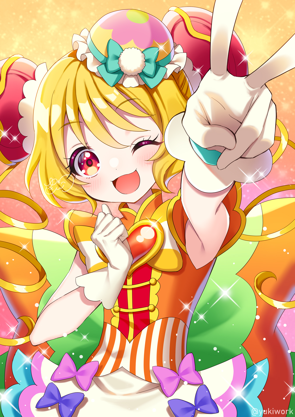 1girl artist_name back_bow blonde_hair bow brooch bun_cover china_dress chinese_clothes cure_yum-yum delicious_party_precure dress foreshortening gloves hair_bun hanamichi_ran heart heart_brooch highres huge_bow jewelry looking_at_viewer magical_girl one_eye_closed open_mouth orange_bow orange_dress precure red_eyes signature sleeveless sleeveless_dress smile solo sparkle triple_bun twitter_username v white_gloves yukinko_(yukiwork)