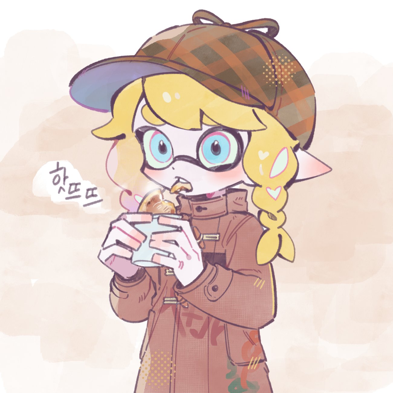 1girl blonde_hair blue_eyes brown_coat brown_hat coat commentary_request eating food highres inkling inkling_girl inkling_player_character korean_commentary korean_text long_hair solo splatoon_(series) tentacle_hair translation_request ufo_sw upper_body