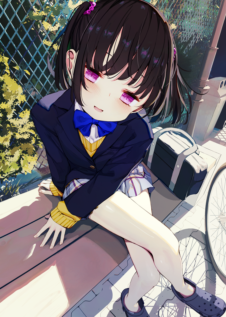 1girl bag bare_legs bare_legs_girl_(kamizaki_hibana) bench black_bag black_footwear blazer blue_bow blue_bowtie blue_jacket blush bow bowtie brown_hair bush chain-link_fence commentary_request crocs crossed_legs day dot_nose fence from_above full_body hair_ornament hair_ornament_request head_tilt jacket kamizaki_hibana lapels leaning_to_the_side looking_at_viewer miniskirt no_socks notched_lapels on_bench open_mouth original outdoors pink_eyes plaid plaid_skirt recycle_bin school_bag school_uniform shadow shirt short_hair short_twintails sitting skirt sleeves_past_wrists smile solo spread_fingers sweater thighs tire tongue twintails wheel white_shirt wooden_bench yellow_sweater