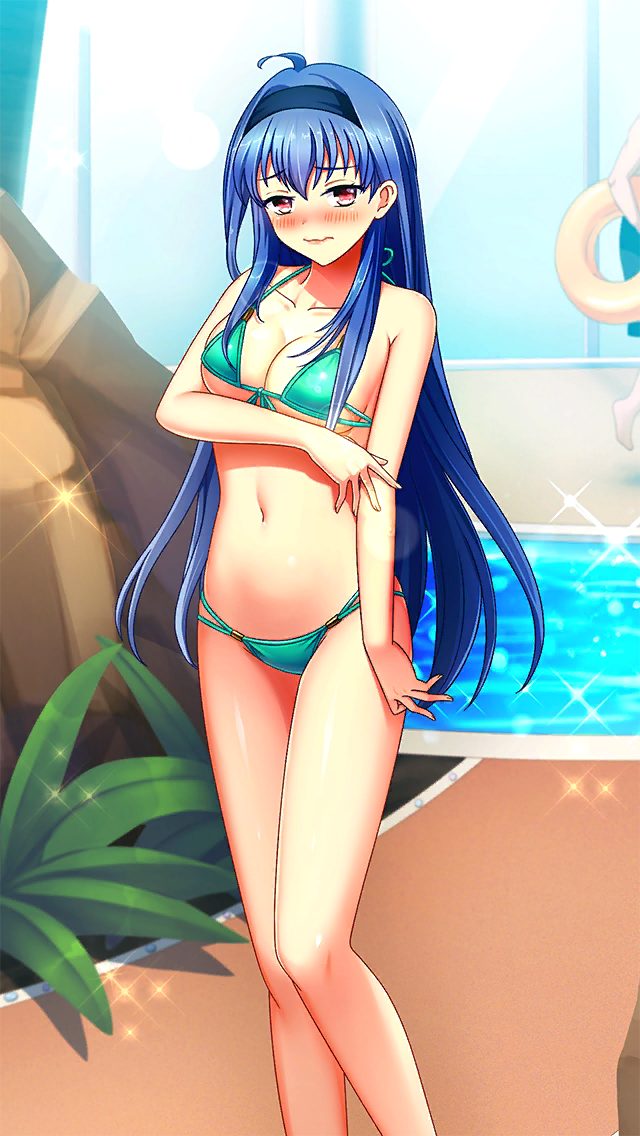 1girl ahoge aqua_bikini bare_arms bare_legs bikini blue_hair blue_hairband blush breasts cleavage closed_mouth collarbone doukyuusei_another_world embarrassed feet_out_of_frame floating_hair front-tie_bikini_top front-tie_top game_cg hairband kakyuusei_2 long_hair looking_at_viewer medium_breasts multi-strapped_bikini_bottom navel official_art orange_eyes outdoors shiny_skin sideboob solo sparkle standing swimsuit takatoo_nanase underboob very_long_hair wavy_mouth