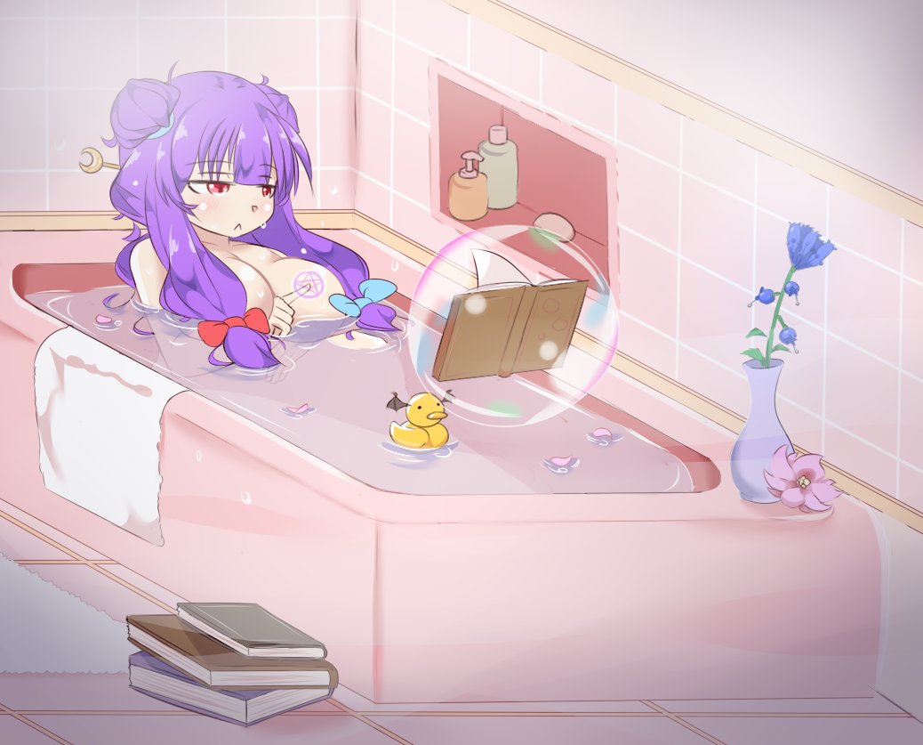 1girl :&lt; bathing bathroom bathtub blue_bow blunt_bangs book book_stack bow breasts cherry_blossoms closed_mouth commentary crescent crescent_hair_ornament double_bun flower hair_bow hair_bun hair_ornament head_wings jungleboyayaya large_breasts light_blush long_hair magic magic_circle messy_hair no_headwear partially_submerged patchouli_knowledge petals pink_eyes plant pointing potted_plant purple_hair reading red_bow rubber_duck soap_bottle soap_bubbles solo touhou towel turning_page vase water wet wings