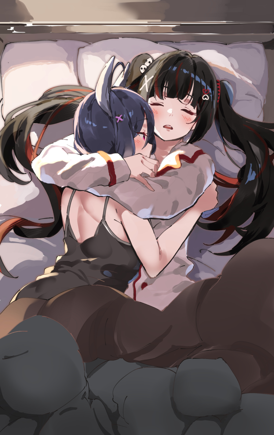 2girls bare_arms bare_shoulders bed black_dress black_hair blush closed_eyes collared_shirt commentary_request commission copyright_request dress dress_shirt full_body hair_between_eyes hair_ornament heart heart_hair_ornament highres hug lamb_(hitsujiniku) long_sleeves lying multicolored_hair multiple_girls on_back pajamas parted_lips pillow profile red_hair shirt skeb_commission skull_hair_ornament sleeveless sleeveless_dress sleeves_past_wrists streaked_hair twintails under_covers virtual_youtuber white_pajamas white_shirt x_hair_ornament