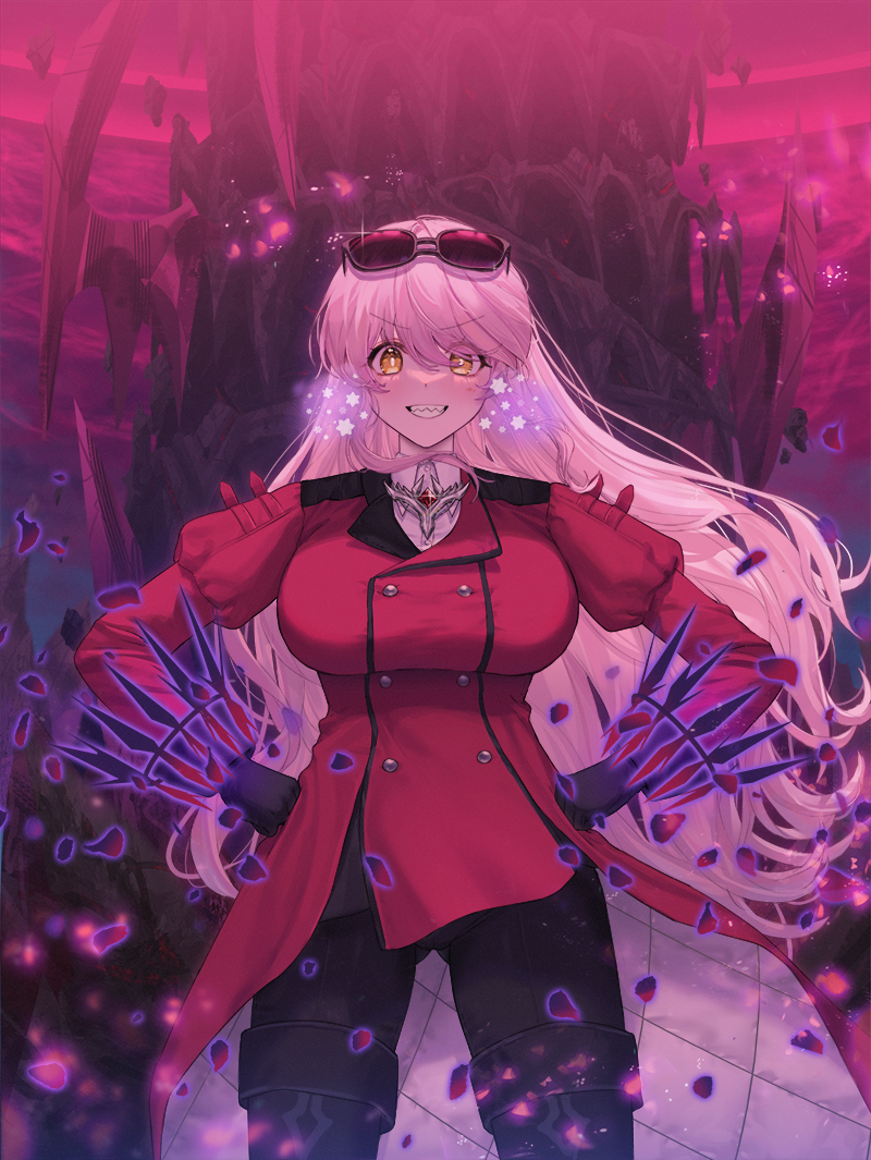 1girl black_gloves black_pants breasts bright_pupils buttons coat collared_shirt commission cowboy_shot double-breasted eyewear_on_head falling_petals gem gloves grin hands_on_own_hips juliet_sleeves large_breasts light_blush long_hair long_sleeves looking_at_viewer merumeko original pants petals pink_hair puffy_sleeves red_coat red_gemstone sharp_teeth shirt smile solo star_(symbol) straight-on sunglasses teeth very_long_hair white_shirt yellow_eyes