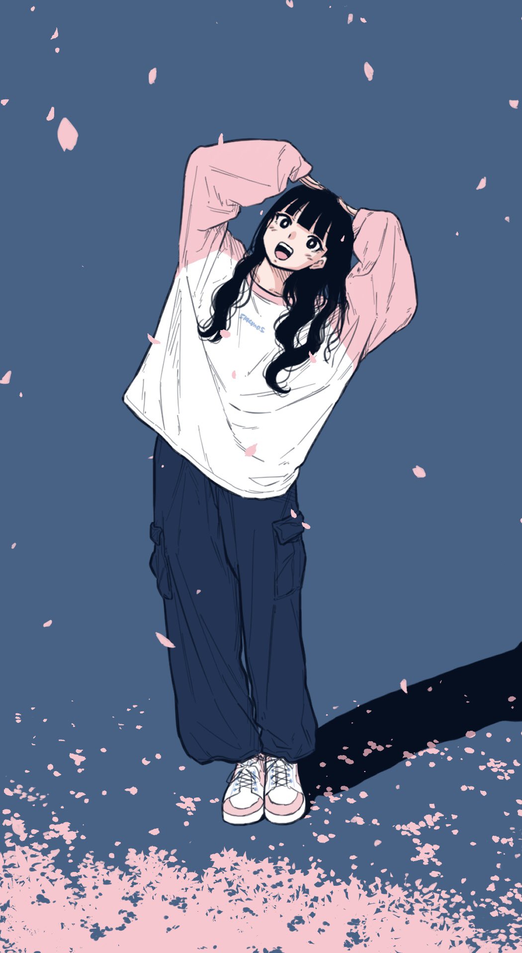1girl arms_up baggy_pants black_eyes black_hair blue_background commentary full_body hands_on_own_head highres leaning_to_the_side long_sleeves looking_at_viewer mitarashi_santa open_mouth original pants petals shirt shoes sleeves_past_wrists smile sneakers solo symbol-only_commentary