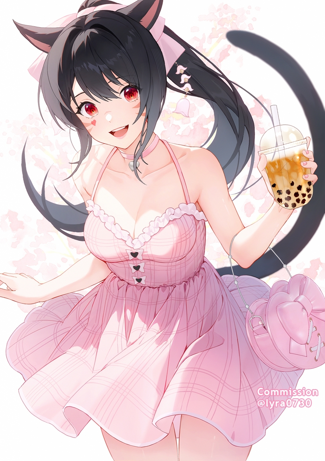 1girl animal_ears bare_shoulders black_border black_hair border breasts cat_ears cat_tail choker cleavage commentary commission cup disposable_cup dress facial_mark final_fantasy final_fantasy_xiv heart heart_choker heart_facial_mark highres long_hair looking_at_viewer lyra-kotto medium_breasts miqo'te open_mouth pink_dress ponytail simple_background solo tail warrior_of_light_(ff14) whisker_markings