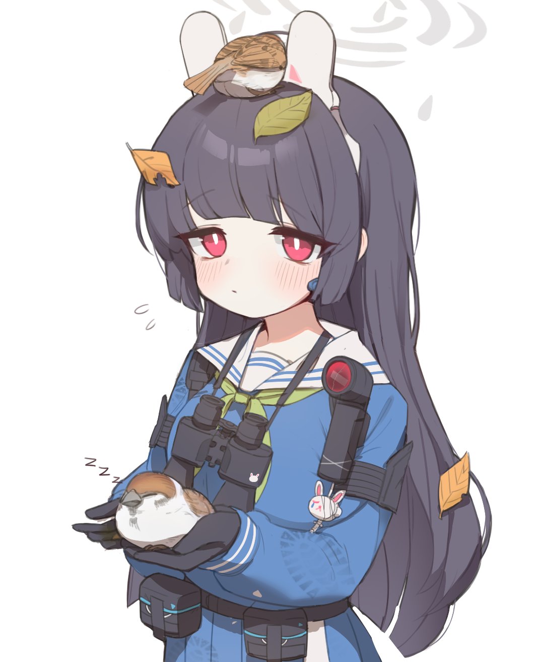 1girl animal animal_on_head binoculars bird black_gloves black_hair blue_archive blue_serafuku blue_shirt blue_skirt bright_pupils closed_eyes closed_mouth commentary_request cupping_hands flying_sweatdrops footprints gloves green_neckerchief halo headgear highres holding holding_animal korean_commentary leaf leaf_on_head long_hair long_sleeves looking_at_viewer miyu_(blue_archive) neckerchief on_head own_hands_together pleated_skirt puffy_long_sleeves puffy_sleeves red_eyes sailor_collar school_uniform serafuku shirt simple_background skirt sleeping_animal solo sonic2452 very_long_hair white_background white_pupils white_sailor_collar zzz