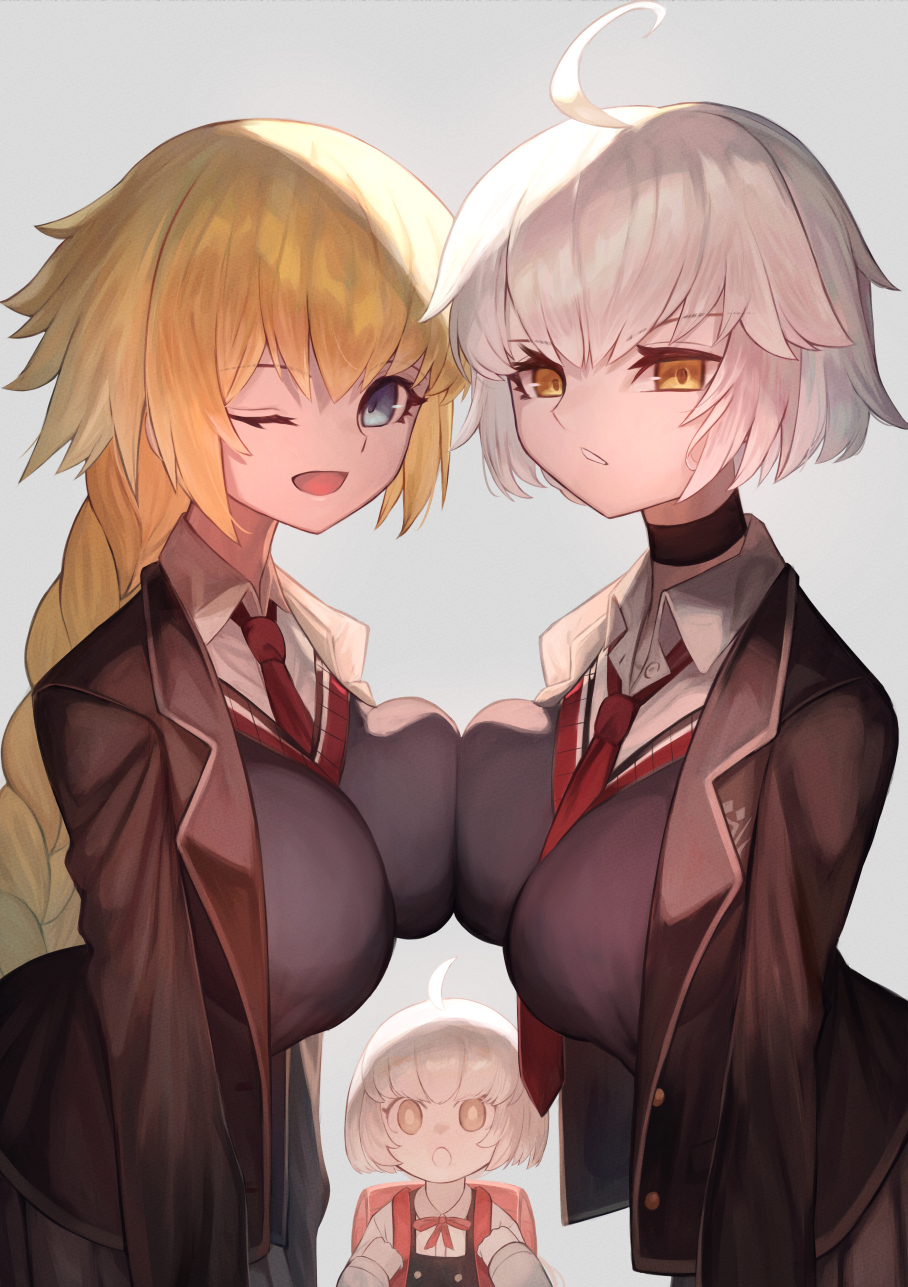 3girls blonde_hair blue_eyes braid braided_ponytail breasts fate/grand_order fate_(series) grey_hair highres jacket jeanne_d'arc_(fate) jeanne_d'arc_alter_(avenger)_(fate) jeanne_d'arc_alter_(fate) jeanne_d'arc_alter_santa_lily_(fate) large_breasts long_hair long_sleeves looking_at_viewer m0_chi multiple_girls one_eye_closed open_clothes open_jacket open_mouth school_uniform short_hair small_breasts smile yellow_eyes