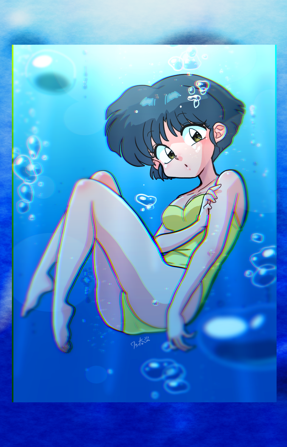 1girl :o ass bare_shoulders black_hair blue_background bob_cut breasts brown_eyes bubble cleavage curious highres holding_own_arm legs_together legs_up looking_at_viewer one-piece_swimsuit raised_eyebrows ranma_1/2 signature simple_background small_breasts swimsuit tendou_akane underwater wanta_(futoshi) yellow_one-piece_swimsuit