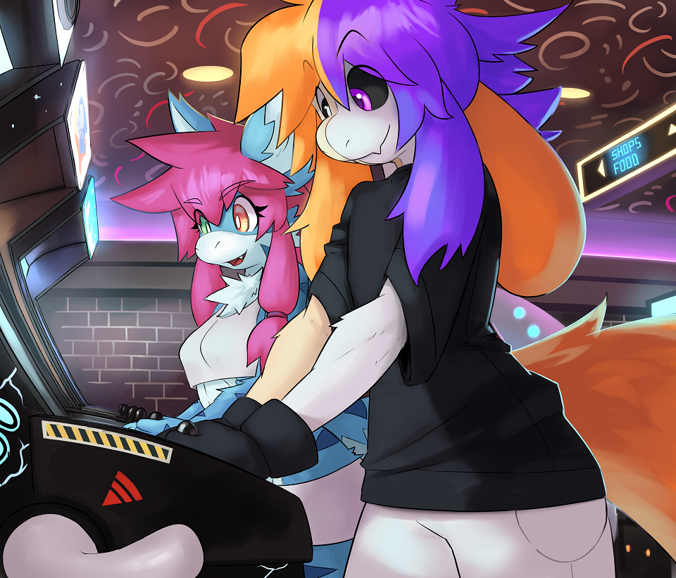 2024 anthro arcade arcade_machine black_clothing black_gloves black_handwear black_sclera black_shirt black_topwear blue_body blue_fur boss_monster_(undertale) breasts canid canine clothing detailed_background duo female fluffy fluffy_tail fox fur girly gloves green_eyes hair handwear heterochromia hybrid j8-bit_(cakebatterbossmonster) latex male mammal multicolored_body multicolored_fur multicolored_hair niri_(cakebatterbossmonster) orange_eyes orange_hair ozoneserpent purple_eyes purple_hair red_hair shirt small_breasts tail tan_body tan_fur topwear two_tone_body two_tone_fur two_tone_hair white_body white_fur white_latex