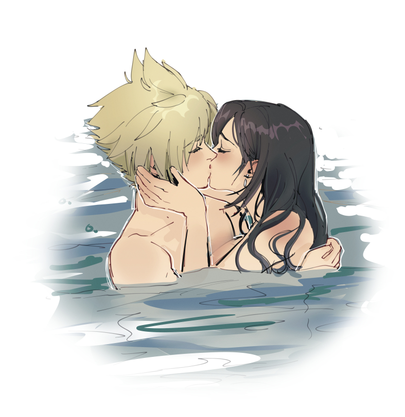 1boy 1girl bare_shoulders black_hair blonde_hair blush closed_eyes closed_mouth cloud_strife couple ear_blush earrings final_fantasy final_fantasy_vii final_fantasy_vii_rebirth final_fantasy_vii_remake from_side hand_on_another's_back hand_on_another's_head hetero hug jewelry kiss long_hair partially_submerged profile pudelmudel short_hair shoulder_blush single_earring spiked_hair tifa_lockhart topless topless_male upper_body water