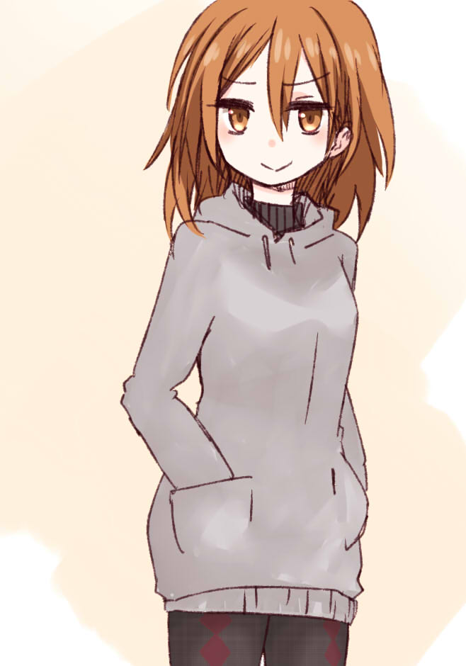 1girl alternate_costume brown_eyes brown_hair casual closed_mouth commentary_request cowboy_shot grey_hoodie hair_between_eyes hands_in_pockets hood hood_down hoodie i.u.y light_blush long_bangs long_sleeves looking_at_viewer medium_hair messy_hair misaka_worst smile solo toaru_majutsu_no_index